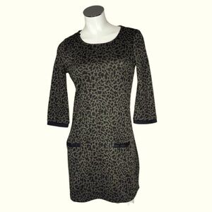 PAPILLON Olive Green Black Animal Print 3/4 Sleeve Tunic Dress Size Small